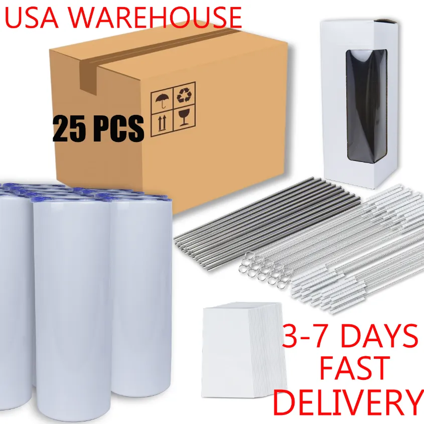 25pack Almacén de EE. UU. Vasos de acero inoxidable de 20 oz para transferencia de calor Impresión de sublimación Espacios en blanco Tazas rectas con aislamiento de doble pared Tazas ss0526