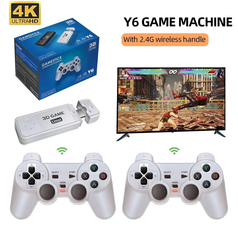 Ampown Y6 Videospielkonsole Retro Game Stick 2,4 G Wireless Emuelec4.3 Controller Gamepad Game Box 4K TV HD-Ausgabe 10000+ Spiele mit Einzelhandelsverpackung