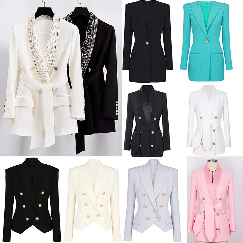 Womens Suits & Blazers Slim Shape Design Woan Jackets Black White Office Outfit Golden Studs With Belt Strap Design Luxury Clothes S- XXL