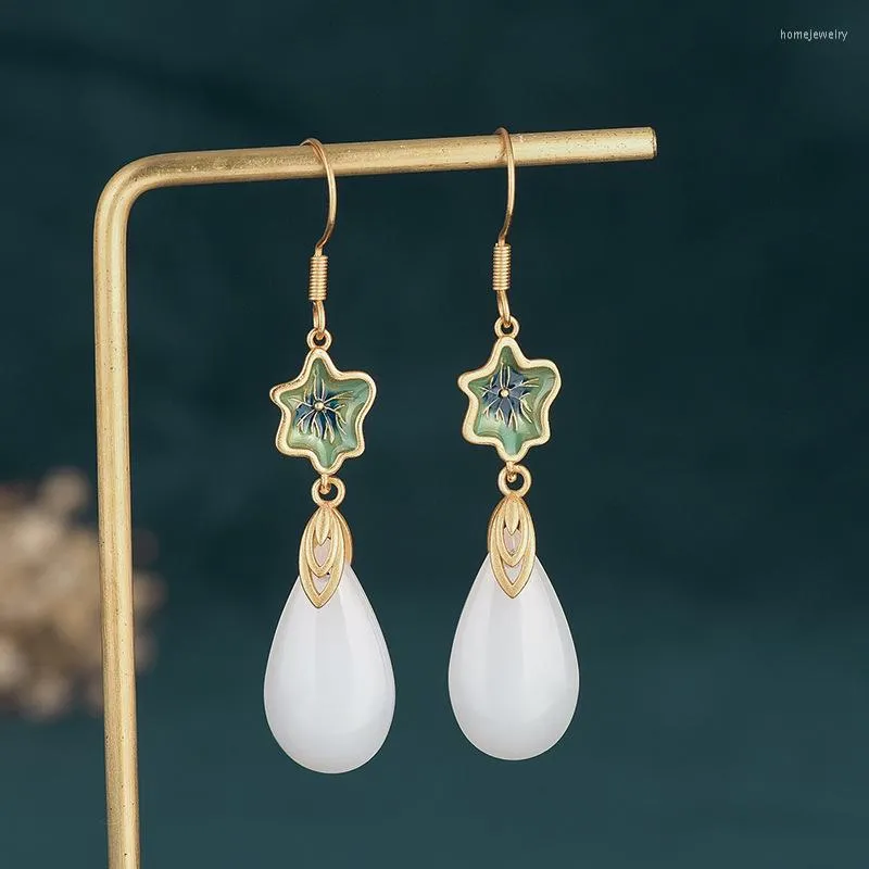 Boucles d'oreilles pendantes exquises pour femmes, bijoux d'oreille, goutte d'eau blanche, pendentif en Jade naturel, cuivre plaqué or, fleur pour cadeaux