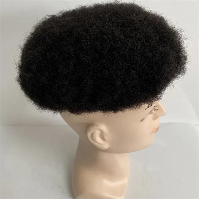 Malaysiska jungfruliga mänskliga hårsystem #1B naturlig svart färg 8x10 Toupee 4mm rot afro full spetsenhet för svarta män