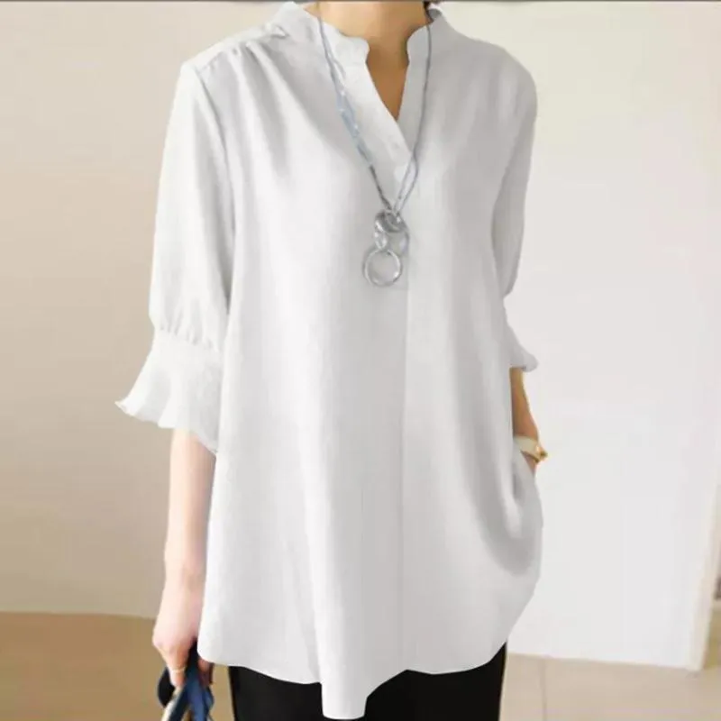 Camicette da donna Top in lino Donna Estate Solido scollo a V Camicie a mezza manica Camicetta Abbigliamento donna Camicia donna bianca di grandi dimensioni Donna