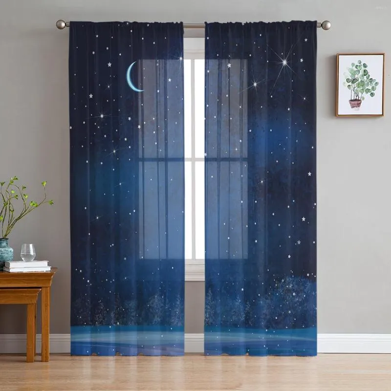 Rideau ciel étoilé lune étoiles beaux arbres rideaux en Tulle pour salon décoration en mousseline de soie pure Voile cuisine chambre