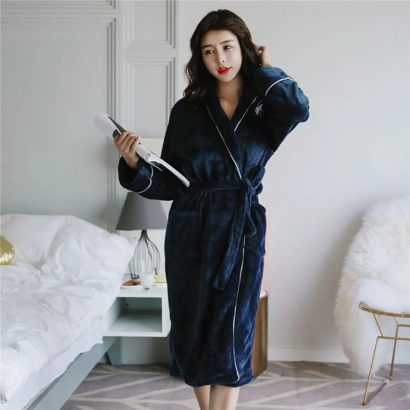 Women's Sleepwear Coral Fleece Home Dressing Clothes Full Sleeve Night Gown Winter Warm Long Robe Solid Colour Kimono Bathrobe For Young Lad