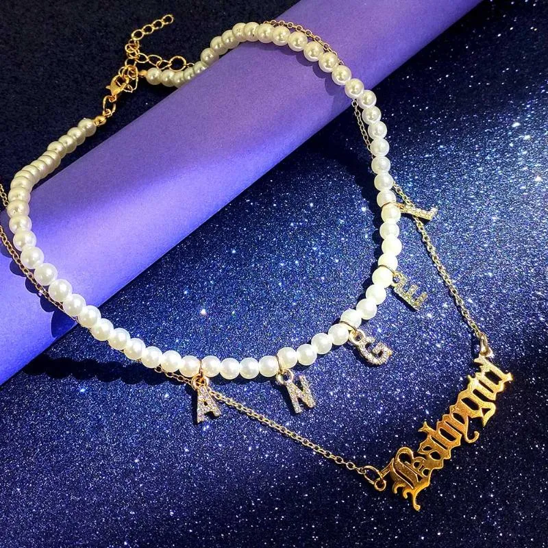 Chains Multilayer Pearl Choker Necklace For Women Elegant Golden Crystal Angel Letter Clavicle Chain Necklaces Wedding Jewelry Gifts