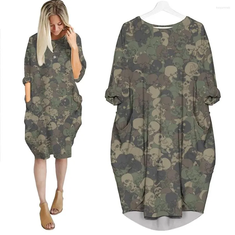 Casual Dresses Jumeast Women 3D Batwing Pocket Dress Oversized Female Streetwear Skull Camouflage Pullover Summer Skirt Nightdress