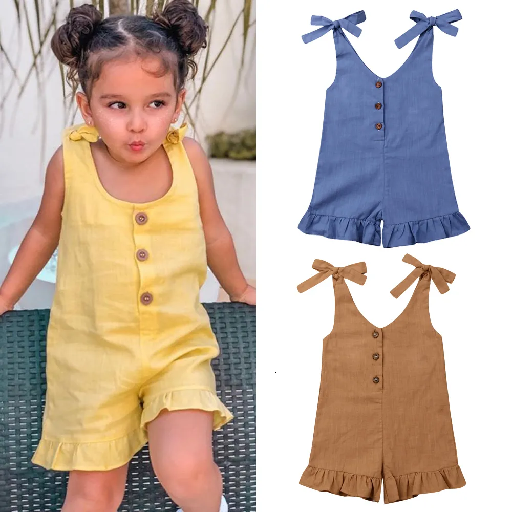 Rompers 16y baby meisje katoen linnen kleding meisjes ruche romper kinderen jumpsuit zomer mouwloze knop overalls outfits 230525