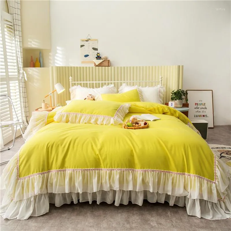 Bedding Sets Yellow White Gray Pink Cotton Princess Girl Set Double Layer Lace Edge Duvet Cover Bed Sheet Skirt Pillowcases