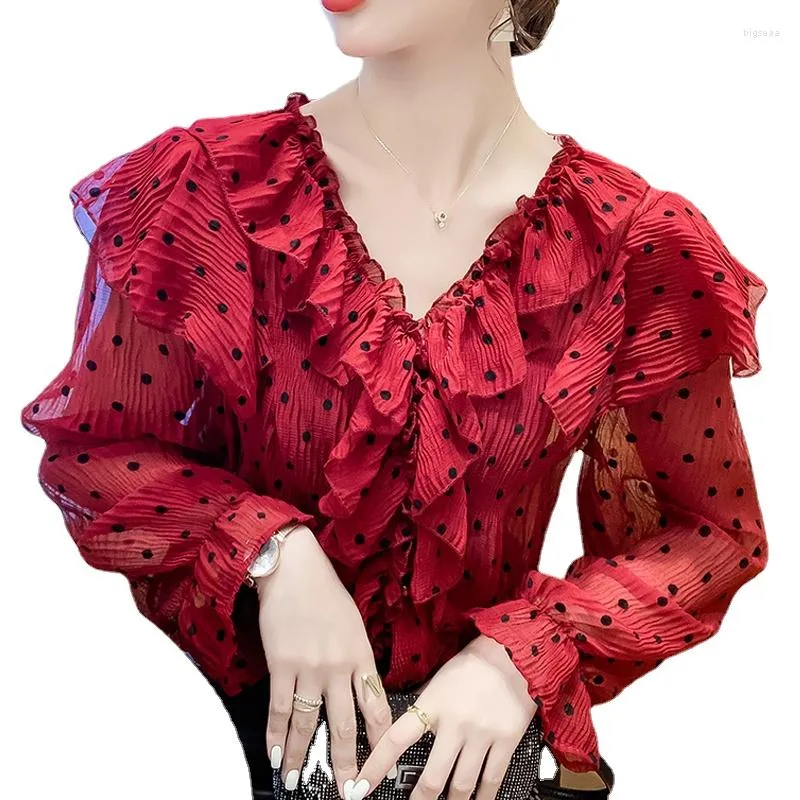 Kvinnor BLOUSES 2023 Spring Polka Dot Sweet V Neck Long Sleeve Women Topps Blusa Casual Ruffles Patchwork Chiffon Shirt V2419