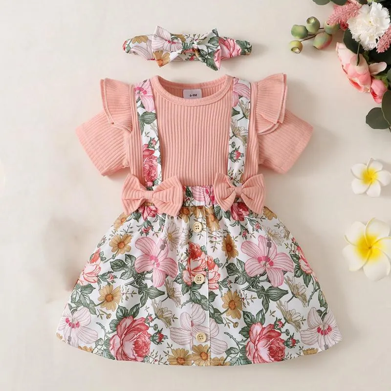 Kledingsets Toddler Girls Korte mouw Floral Printing Tops Vest Dress Hoofdbanden 3pcs Casual pak Outfits Girl 2t Tieners