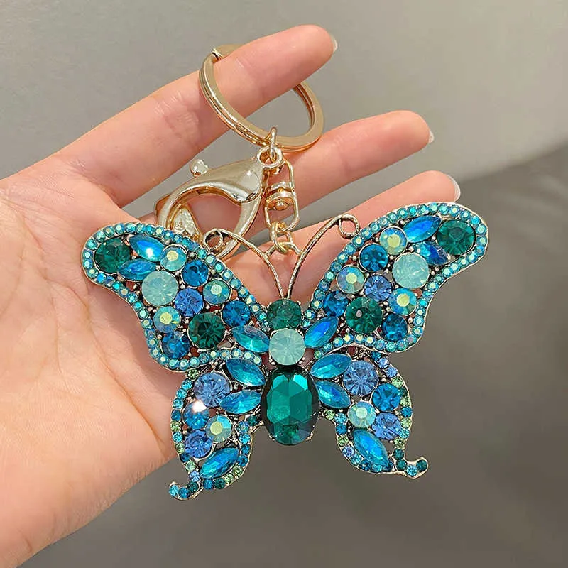 Keychains Sweet Water Diamond Butterfly Keychain Cute Fashion Sparkling Crystal Insect Charm Pendant Handbag Accessories Keyring Jewelry G230526