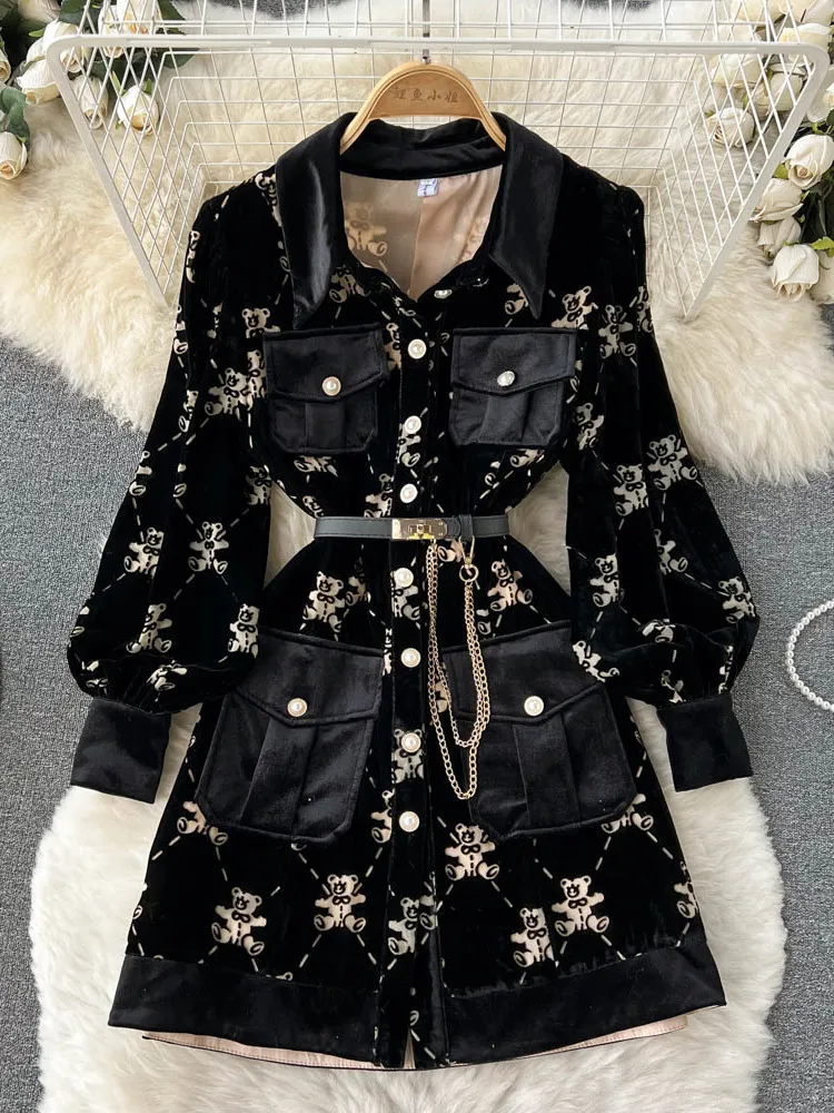 Basic Casual Dresses Autumn Fashion Temperament Velvet Woman Dress Cute Bear Print Lace up Waist Long Sleeve Short Women Button up Vestidos 230526