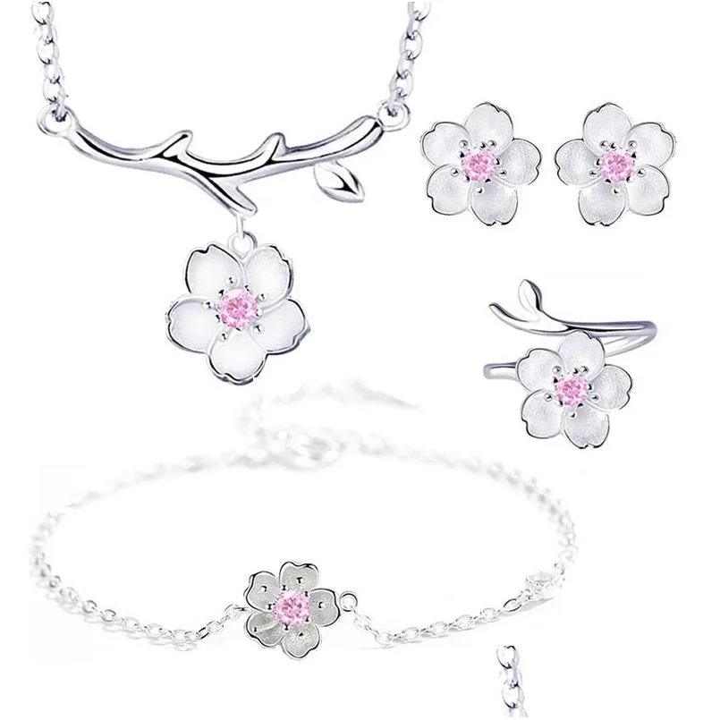 Boucles D'oreilles Collier Ensembles De Bijoux De Mariée Sier Plaqué Violet Rose Cristal Fleurs De Cerisier Fleur Colliers Anneaux Pour Femmes Dro Dhsjb