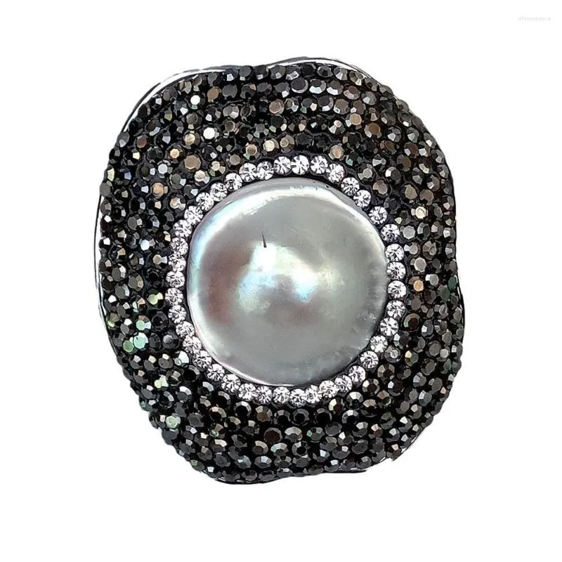 Cluster-Ringe Y.YING Natural Coin White Mabe Pearl Black Rhinestone Pave Ring Adjustable