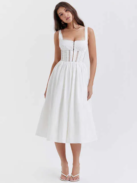 Hoogwaardige witte kanten trim Midi -jurken voor dames 2023 Beach Vacation Party Outfits Robe Chic Zoete Summer Sundress