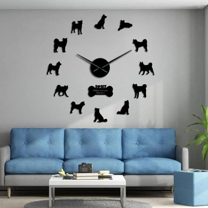 Relojes de pared American Akita Dog Breed autoadhesivo 3D DIY reloj propietario regalo sala de estar diseño único espejo pegatina reloj