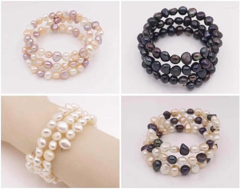 Strand 3 ROWS Real Black Baroque Pearl 6mm-8mm Stone Handmade Stretch Bracelet 7" Inches