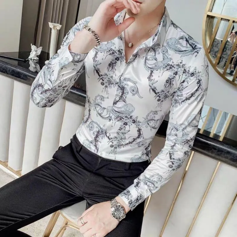 Camisas de vestido masculinas 2023 Homens de verão Summer Sleeved Floral Streetwear Button Down Down Ladies Slim Fit Chemise Homme i52