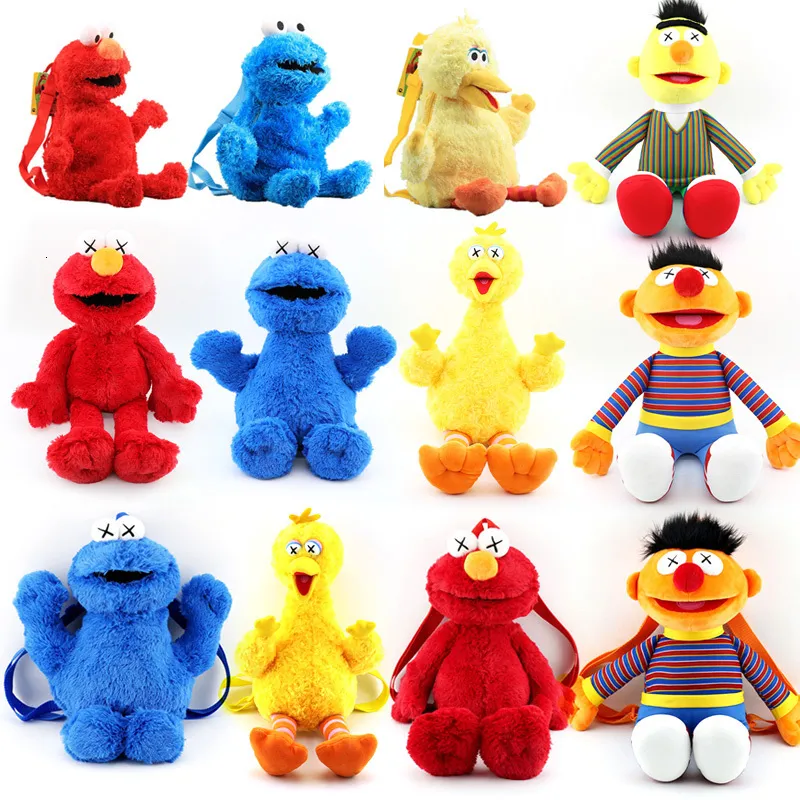 Plyschryggsäckar 45cm Sesame Street Plyschryggsäck Plyschdocka Röd Elmo Blå Cookie Guy Gul Big Bird Plyschväska Barnskolväska 230525