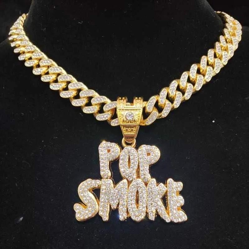Men Women Hip hop POP SMOKE Rapper Pendant Necklace with 13mm Crystal Cuban Chain HipHop Iced Out Necklaces Fashion Jewelry