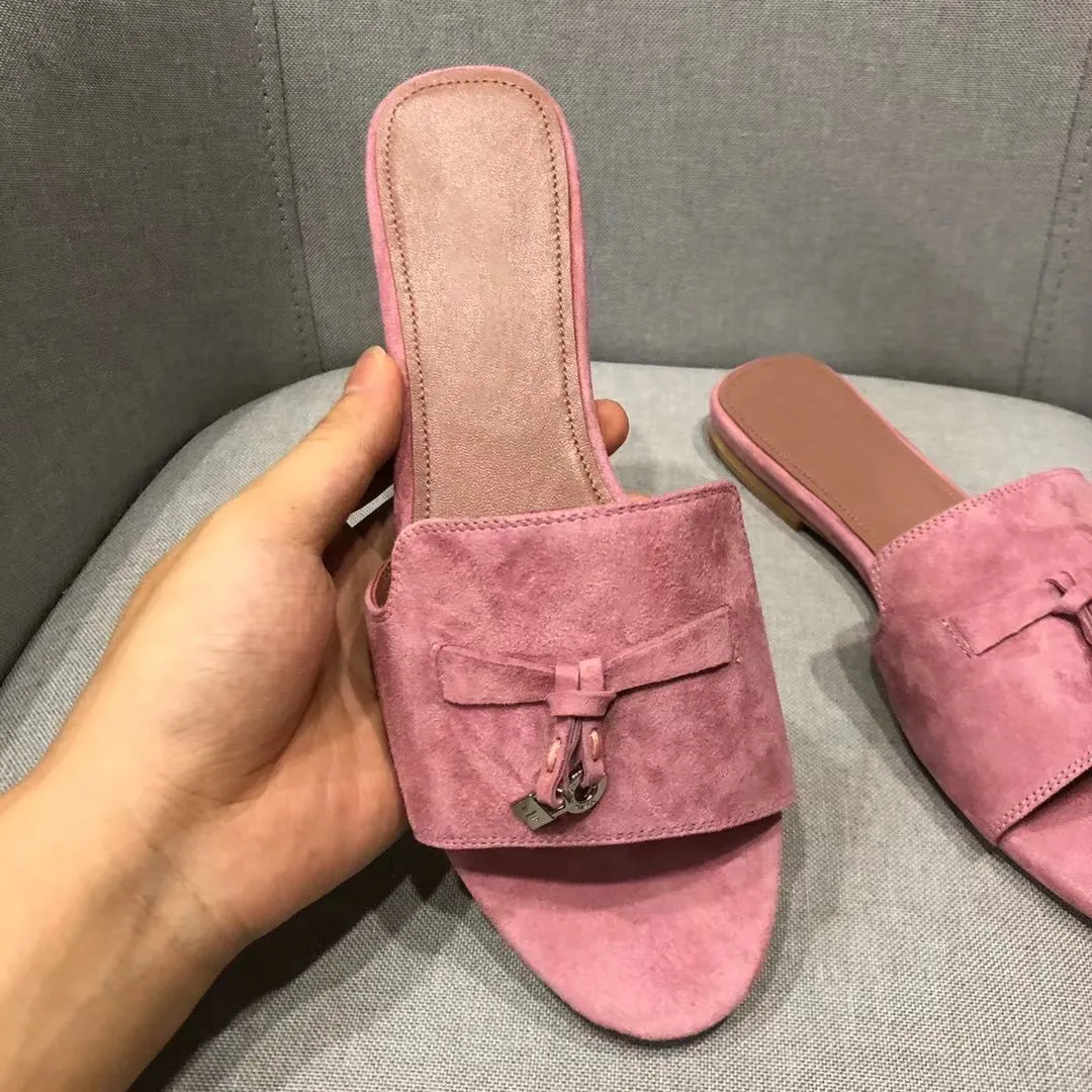 Luxury Red Lloro Piana Embellished Slides With Charms And Suede