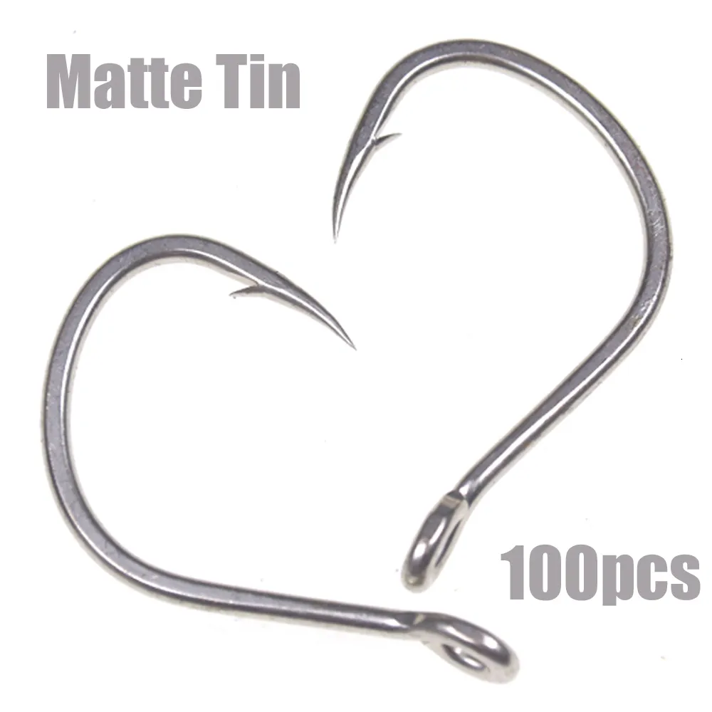 Fishing Hooks 100pcs Anti-rust Matte Tin Thick Steel Wire Barbed Hook Strong Saltwater Assist Jigging Lure Hook 1# 1/0 2/0 3/0 4/0 5/0 230525