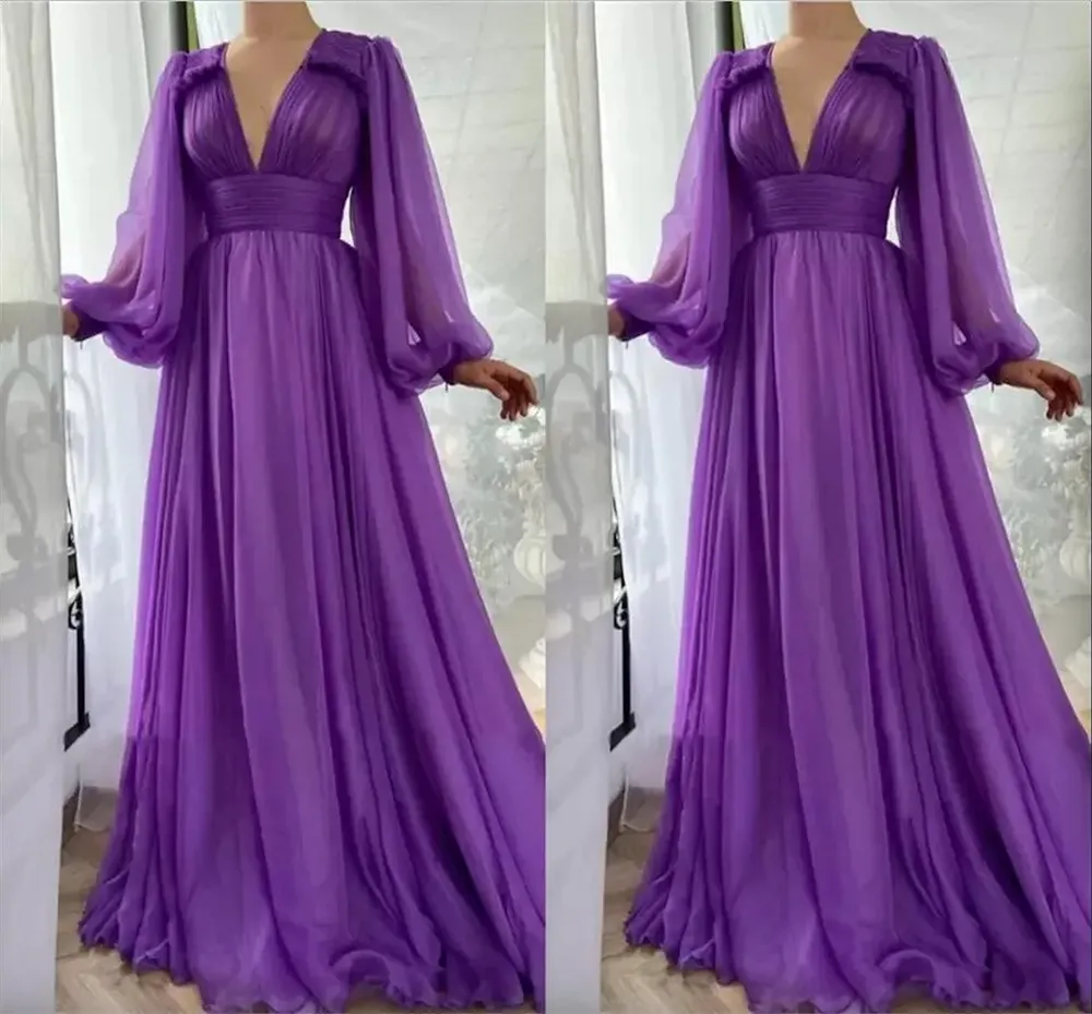 Enkel elegant lila chiffong a-line prom klänningar långa puffärmar V hals draperad Empire golvlängd formell aftonklänning party klänningar skräddarsydd