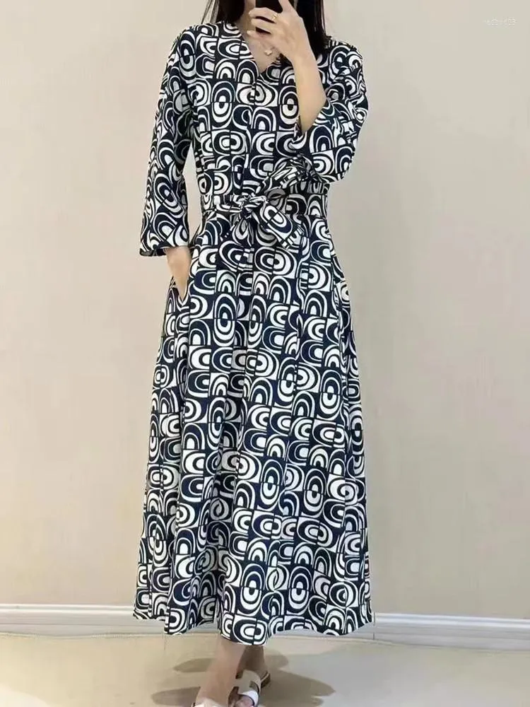 Casual Dresses Women Mid Calf Dress Three Quarter Sleeve Geometric Printing Lace-Up Robe Pockets Cotton Vintage Spring 2023