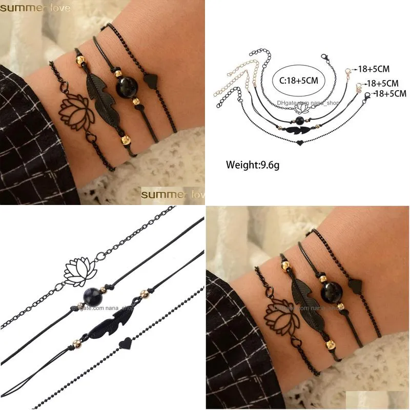Perlé 4pcs / set bohème lotus bracelets ensemble design d'été noir plume coeur charme pour femmes filles bijoux livraison directe Dhfpc