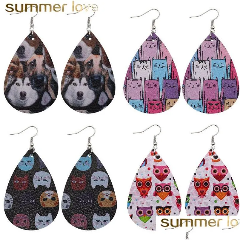 Charm schattig dierenprint pu lederen bengele oorbel voor vrouwen dubbele zijde kat honden uil patroon Waterdrop Faux oorbellen feestjuwelen dr Dhjin