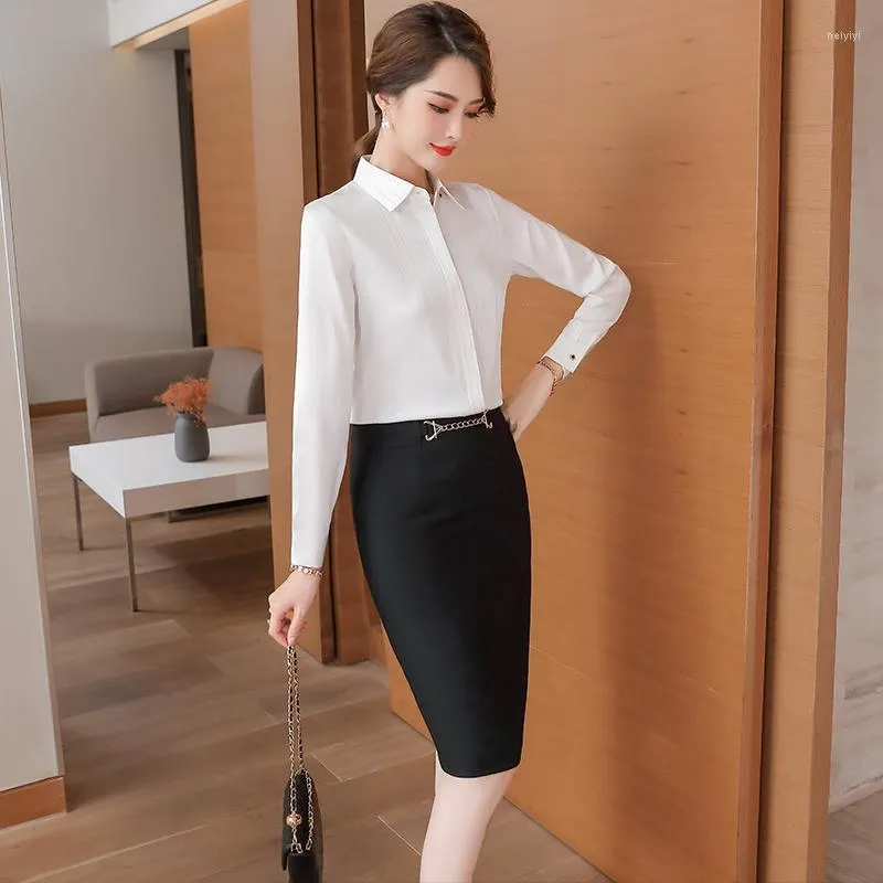 女性のブラウスファッション女性シャツ白い長袖ワークオフィスレディース2ピーススカートとトップスセット