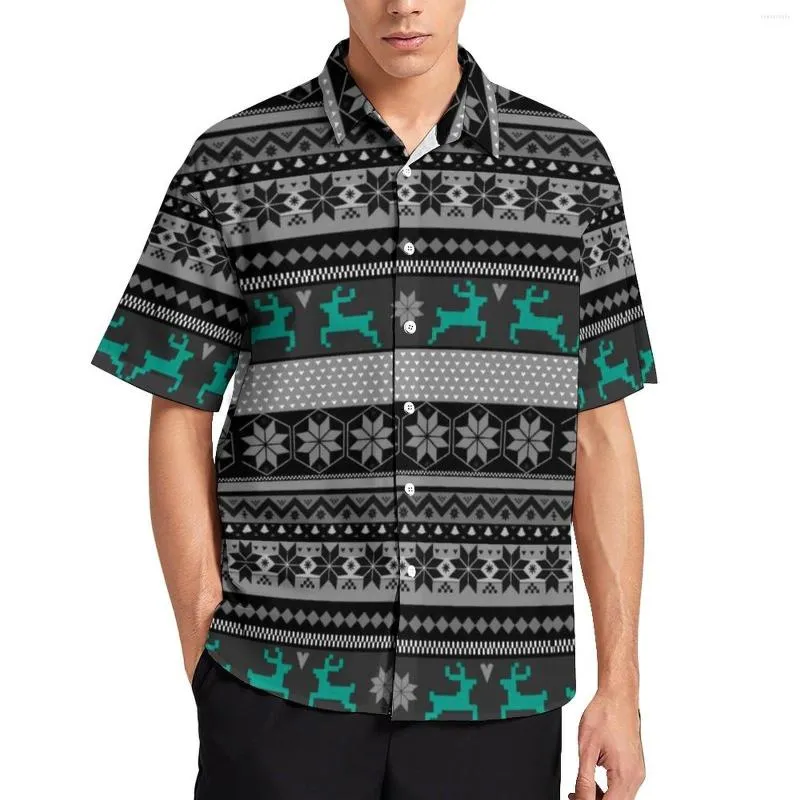 Men's Casual Shirts Nordic Animal Shirt Colorful Reindeer Beach Loose Hawaii Retro Blouses Short Sleeve Pattern Oversized Tops