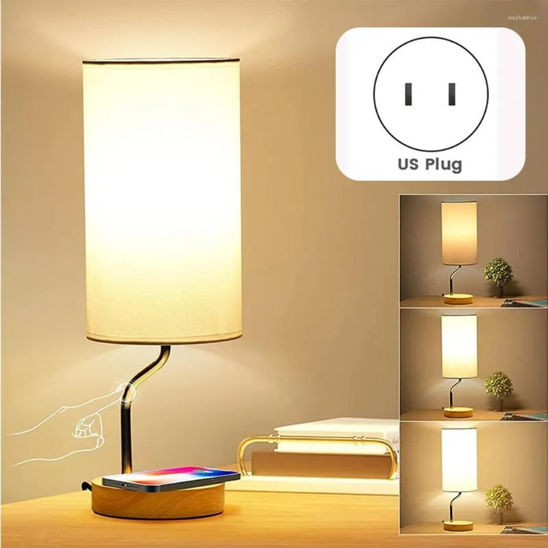 Table Lamps Touch Control Lamp Smart Wireless Charger USB Port 3 Way Dimmable Wooden Nightstand Bedside US Plug