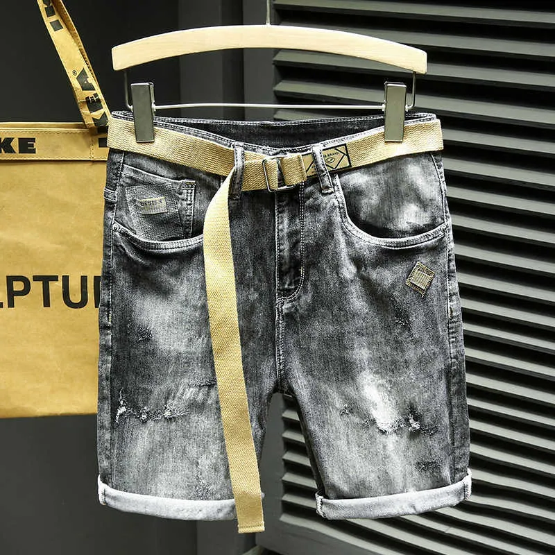 Shorts pour hommes Short en jean sans bretelles mode élastique noir gris personnalité usure patch jeans droits pour hommes vêtements de rue Bermudes P230525