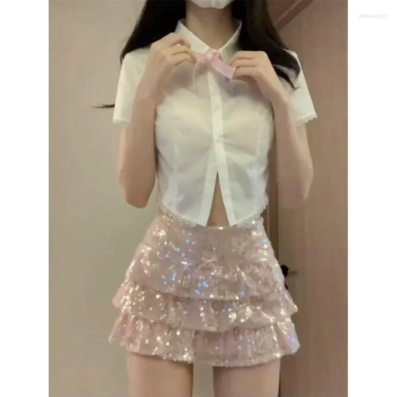 Юбки розовая кружевная юбка с блестками женщины kawaii y2k Girl Vintage Sexy Short Mini Lolita Kpop a-line