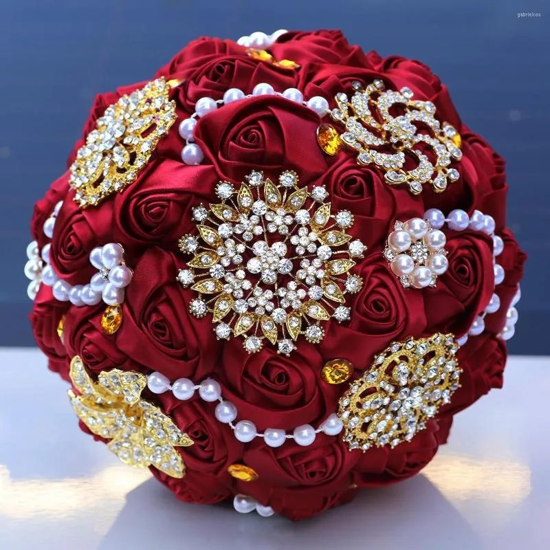 Decorative Flowers Luxury Rhinestones Design Handmade Satin Artificial Flower Bridal Bouquet For Wedding Decoration Bride Pography Hand