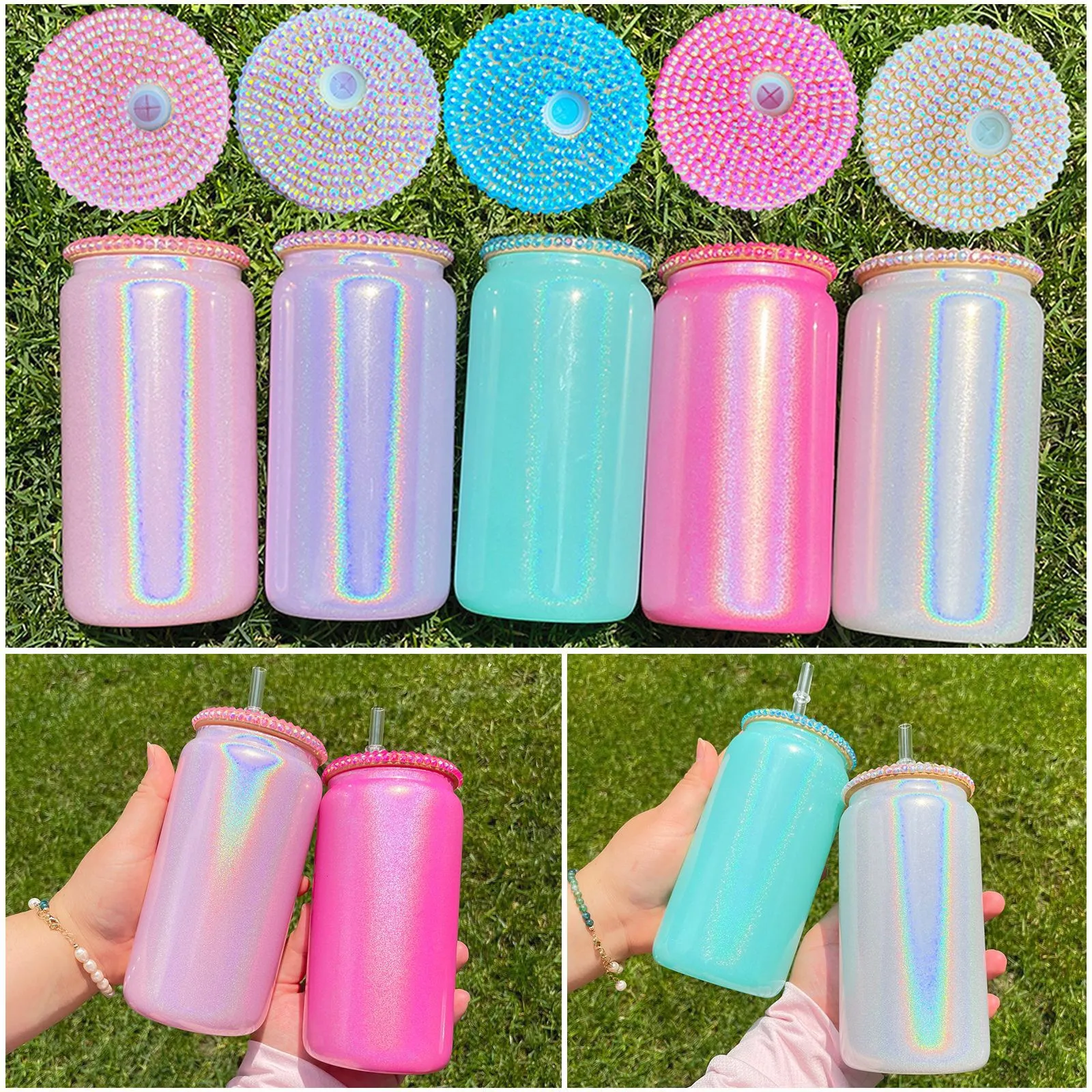 16oz Tapered Stainless Steel Rainbow Sparkle Straw Cup Sublimation Blank