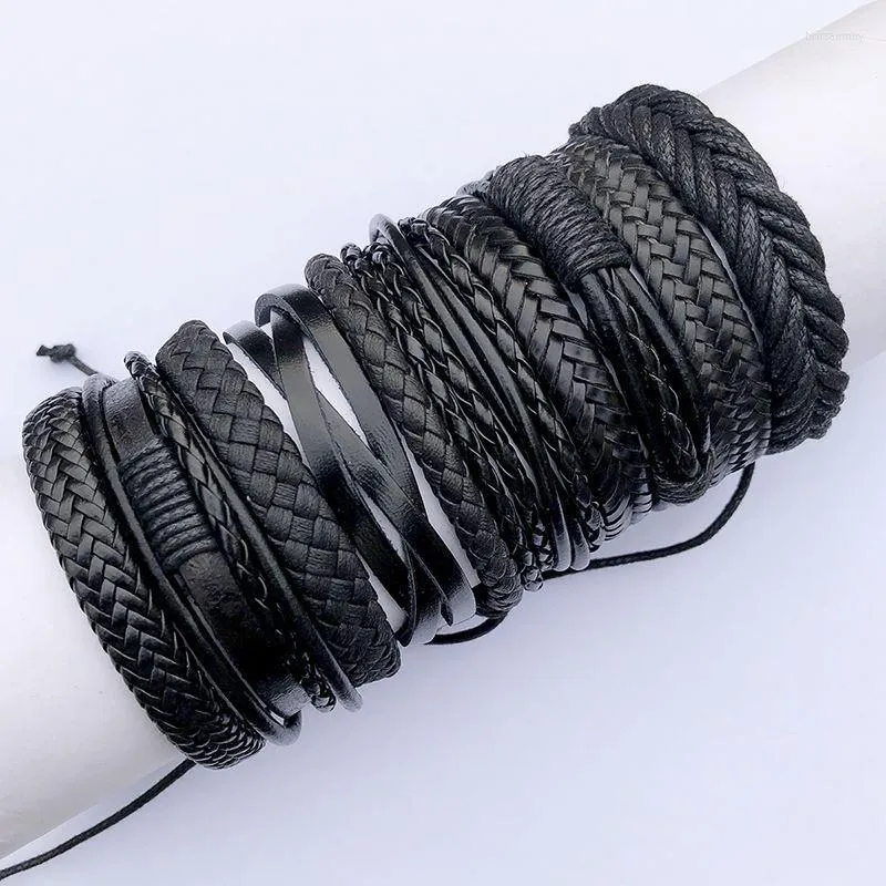 Charm Bracelets 30set/Lot 10pcs/set Simple Hand-Woven Black Leather Bracelet Fashion DIY Combination Jewelry Women Men