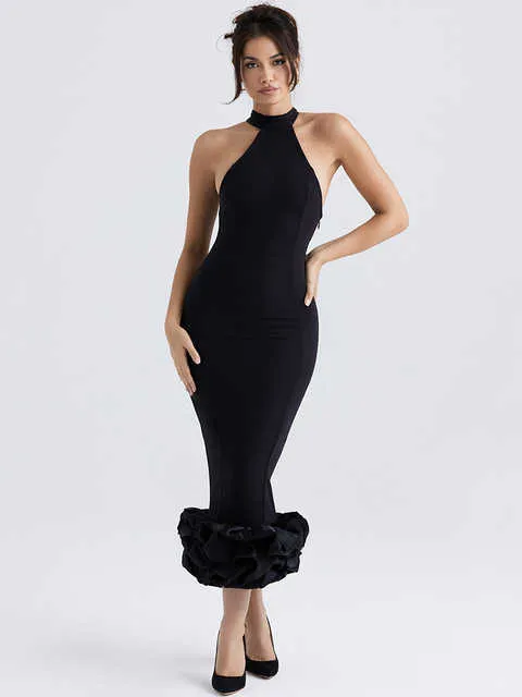 Kadın yeni zarif ünlü parti elbise pist kıyafetleri giyiyor 2023 lüks tasarım vintage siyah kokteyl midi elbise