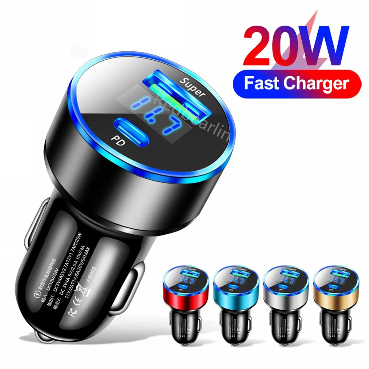 PD Car Charger 20W Fast Charging Car Phone Charger With LED Display For iPhone 12 13 14 Xiaomi Huawei Samsung USB Type C Charger In Car