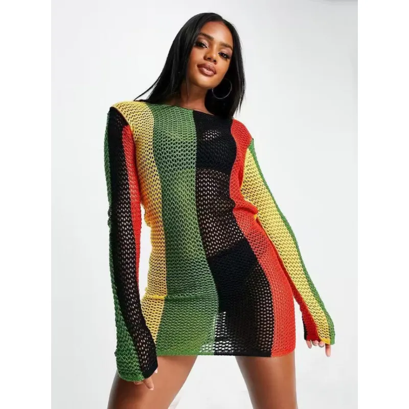 Arc-en-ciel rayé plage tunique Crochet tricoté robes dos nu Sexy à manches longues maillot de bain couverture Ups vacances d'été maillots de bain