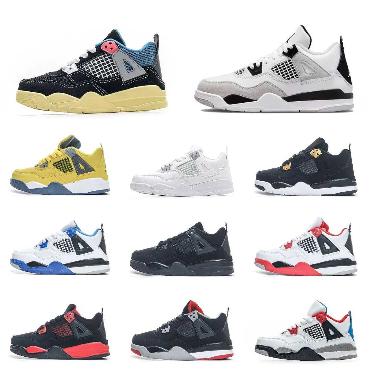 Jumpman 4S B b Militaire Noir Chaussures De Basketball Baskets Enfants Union Feu Rouge 4 Gar on Fille Chat Noir Tout Blanc Rose Universit Bleu B b