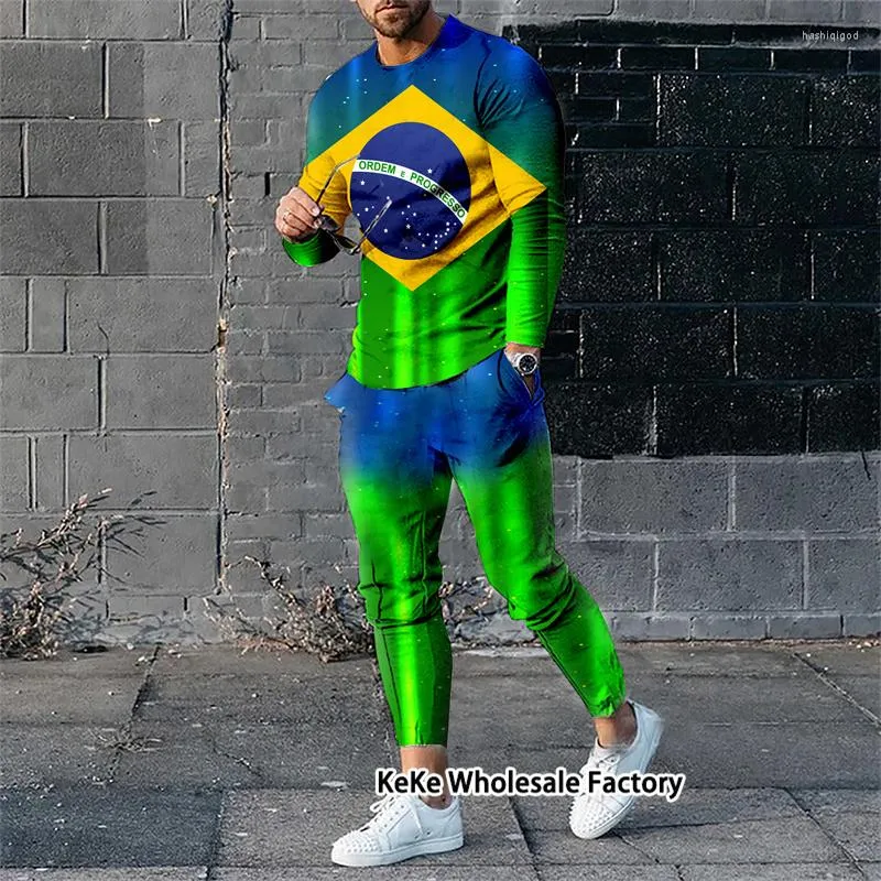 남자 트랙 슈트 브라질 플래그 3D 프린트 남자 긴 슬리브 티셔츠 2 피스 브라질 대형 탑 트론 스트리 슈트 스트리트웨어 조깅 의상