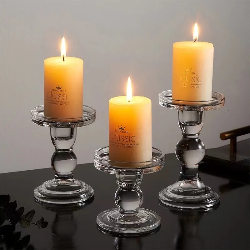 Candle Holders 1pc 3.46 / 4.52 / 5.51 in Glass Candle Holders for Pillar Candle and Taper Candle Wedding decoration Candlestick Set 230525