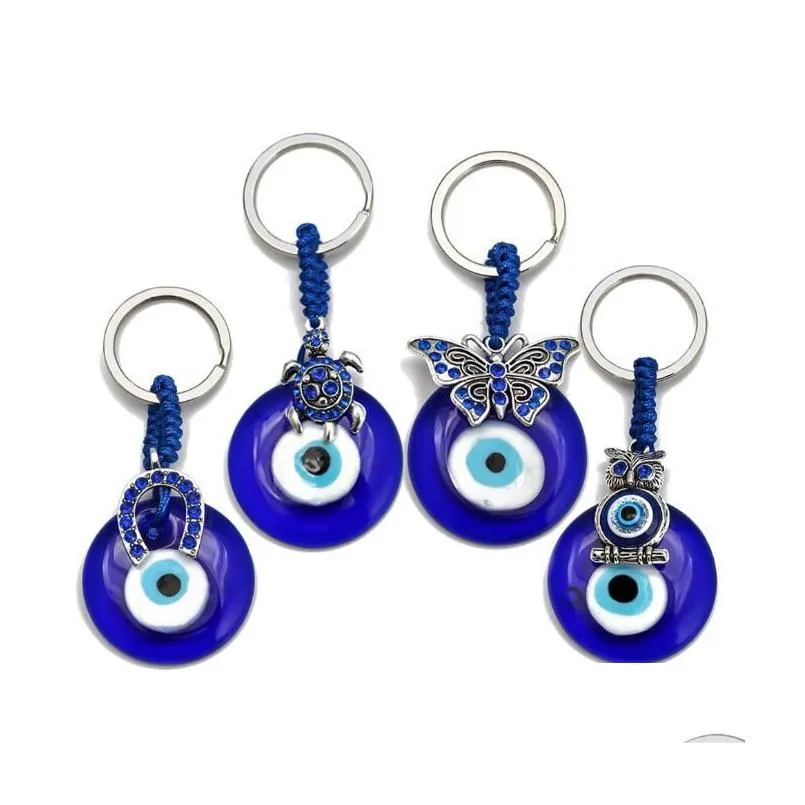 Porte-clés Animal Butterfy Tortue Hibou Palm Evil Eyes Porte-clés Porte-clés En Métal Verre Lucky Blue Eye Pendentif Ornement Porte-clés Pour La Fête Dhvz9