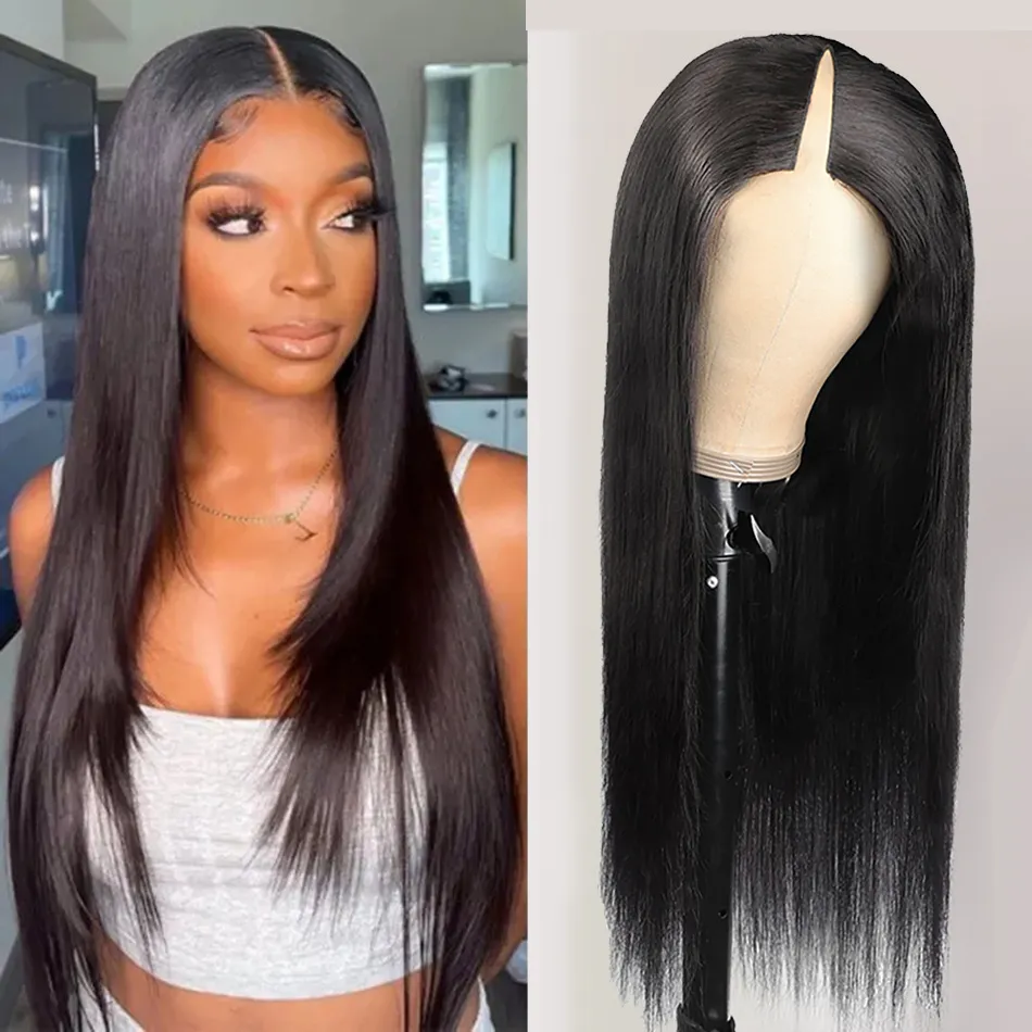 Straight V Part Wig Human Hair No Leave Out Middle Part Glueless U Part Wig 180 Density Peruvian Human Hair Long Wigs for Women