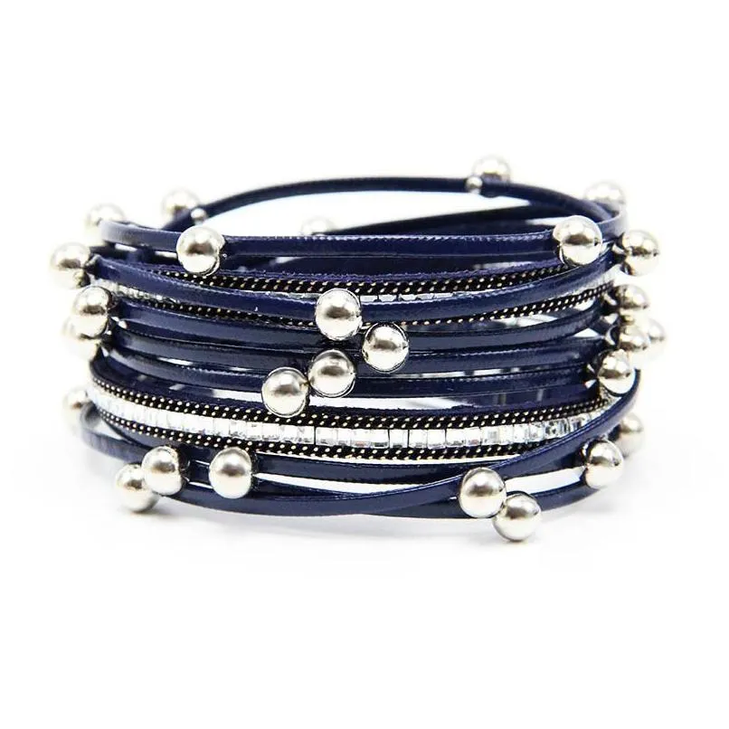 Other Bracelets 5 Colors New Fashion Shinning Bead Wrap Pu Leather Bracelet Bangle Women Design Mtilayer With Magnetic Clasp Drop De Dh4Ay