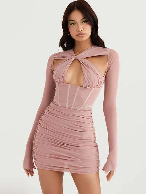 Pink Mesh Ruched BodyCon Corset Dresses For Women Summer Long Sleeve Club Party Clothing Lovely Dates Outfits Vestidos