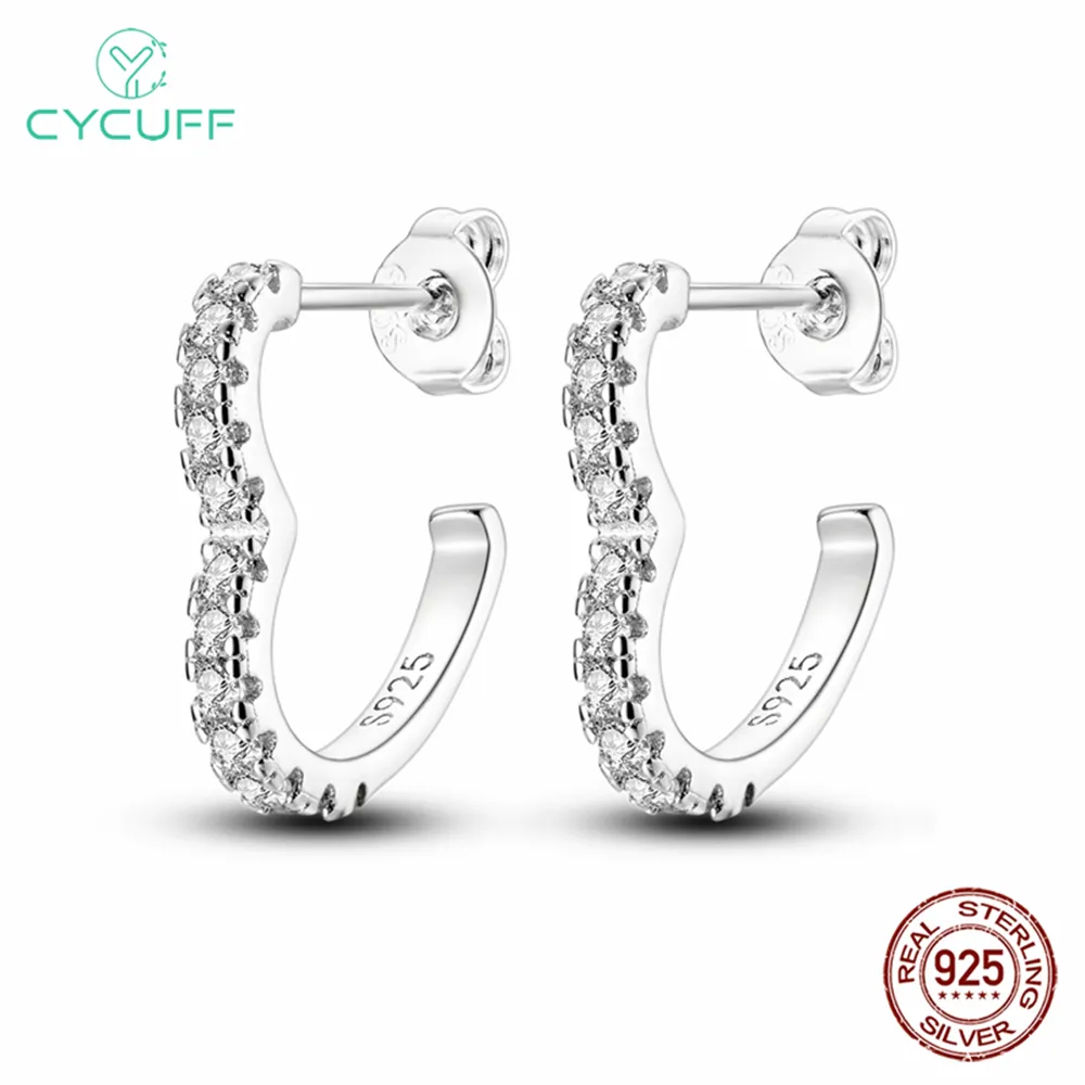 Cycuff 925 Sterling Silver Stud أقراط ساطعة للقلب للنساء للمشاركة في حفل زفاف حفلة عيد ميلاد هدية المجوهرات الفضية