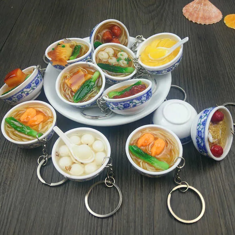 Keychains Simulated Noodle Keychain Chinese Blue White Porcelain Food Bowl Mini Phone with Pendant Children's Toys G230526